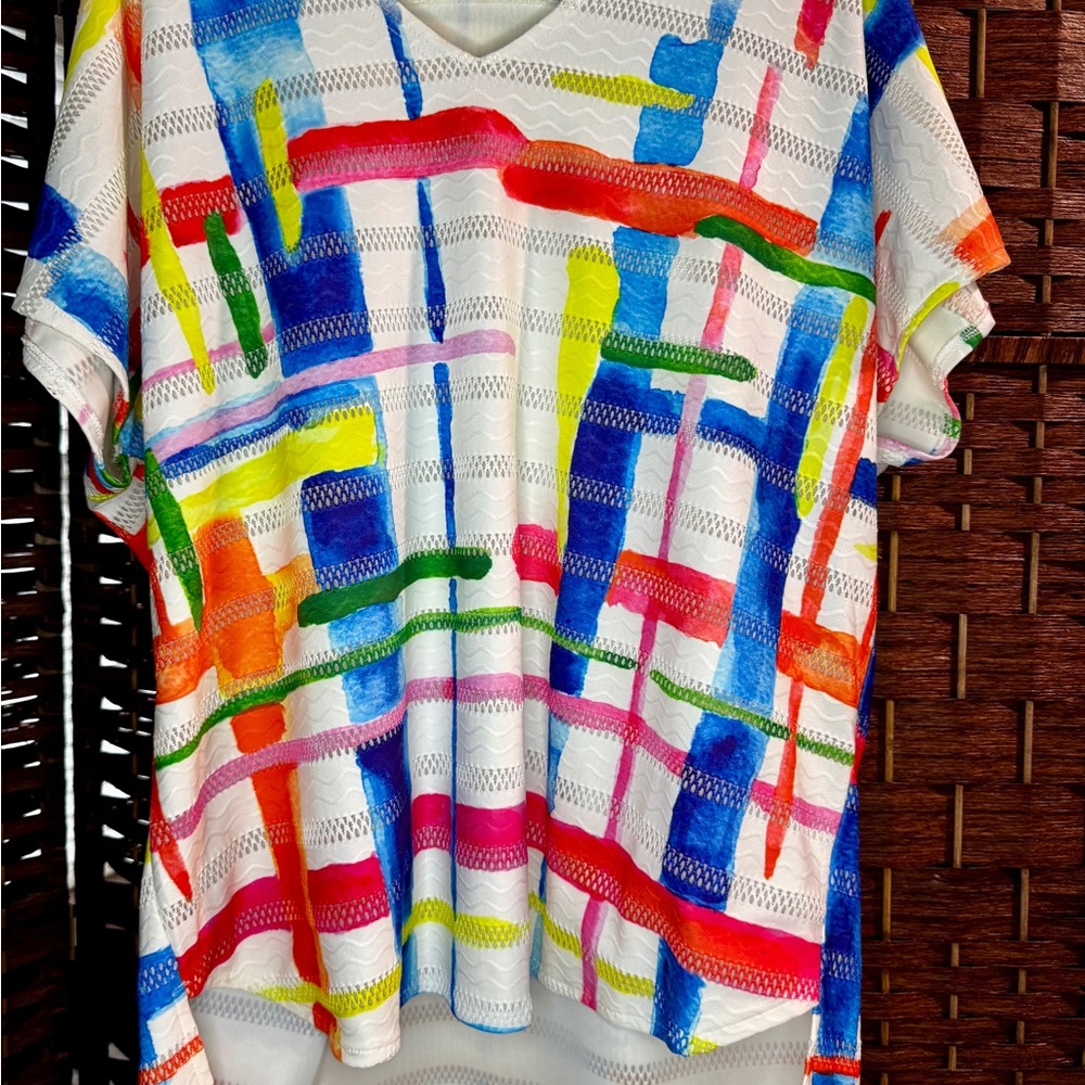 Lior Paris Rainbow Colorful Abstract Blouse, Size  XL, Crochet Details